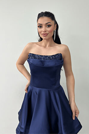 Saten Kumaş Payet Detaylı Straplez Mini Elbise - LACİVERT