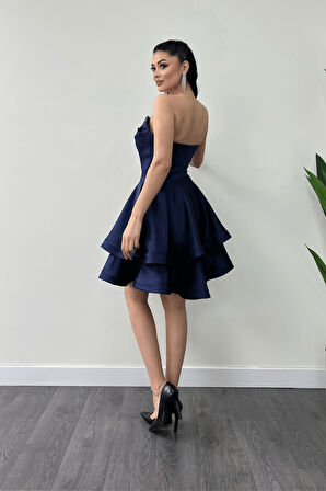 Saten Kumaş Payet Detaylı Straplez Mini Elbise - LACİVERT