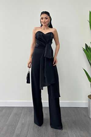 Atlas Kumaş Saten Detaylı Straplez Abiye Tulum - SİYAH