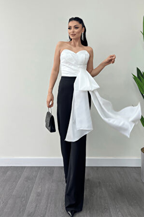 Atlas Kumaş Saten Detaylı Straplez Abiye Tulum - BEYAZ/SİYAH