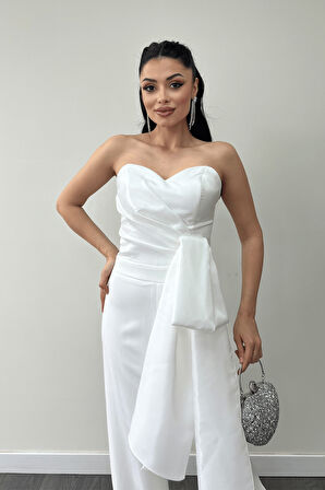 Atlas Kumaş Saten Detaylı Straplez Abiye Tulum - BEYAZ