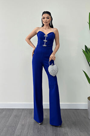 Atlas Kumaş Fiyonk Detaylı Abiye Tulum - SAKS MAVİ