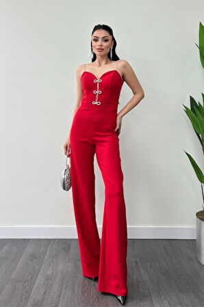 Atlas Kumaş Fiyonk Detaylı Abiye Tulum - KIRMIZI