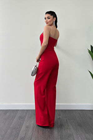 Atlas Kumaş Fiyonk Detaylı Abiye Tulum - KIRMIZI