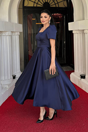 Saten Kumaş Kare Yaka Balon Kol Midi Elbise - LACİVERT