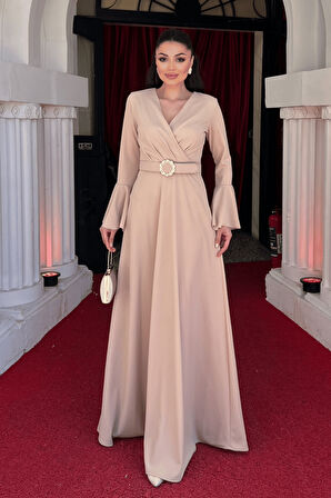 Krep Kumaş Kolları Volan Detaylı Maxiboy Abiye Elbise - VİZON