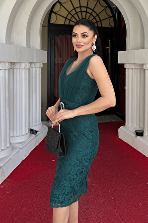 Dantel Kumaş Tül Detaylı Kalem Elbise - ZÜMRÜT YEŞİL