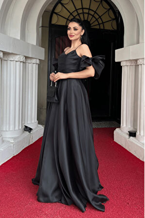 Organze Kumaş Sırtı İpli Tasarım Elbise - SİYAH