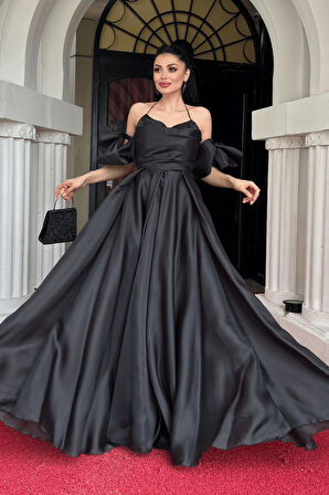 Organze Kumaş Sırtı İpli Tasarım Elbise - SİYAH