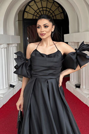 Organze Kumaş Sırtı İpli Tasarım Elbise - SİYAH