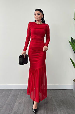 Tül Kumaş Büzgü Detaylı Kalem Elbise - KIRMIZI