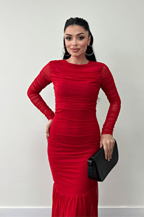 Tül Kumaş Büzgü Detaylı Kalem Elbise - KIRMIZI