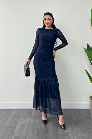 Tül Kumaş Büzgü Detaylı Kalem Elbise - LACİVERT