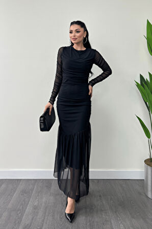 Tül Kumaş Büzgü Detaylı Kalem Elbise - SİYAH