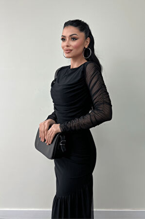 Tül Kumaş Büzgü Detaylı Kalem Elbise - SİYAH