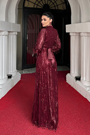 Saçaklı Pul Payet Kumaş Uzun Abiye - BORDO