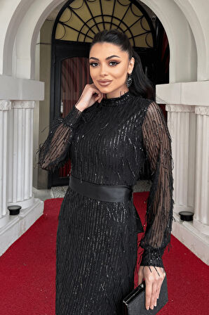 Saçaklı Pul Payet Kumaş Uzun Abiye - SİYAH