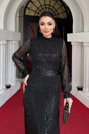 Saçaklı Pul Payet Kumaş Uzun Abiye - SİYAH