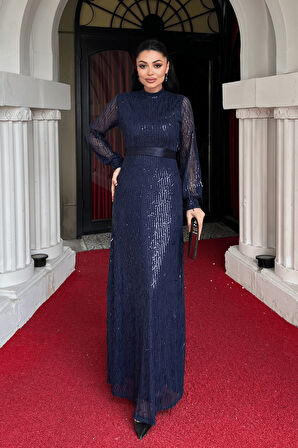 Saçaklı Pul Payet Kumaş Uzun Abiye - LACİVERT