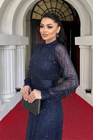 Saçaklı Pul Payet Kumaş Uzun Abiye - LACİVERT