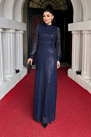 Saçaklı Pul Payet Kumaş Uzun Abiye - LACİVERT