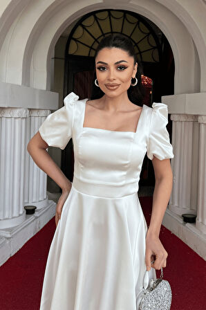 Saten Kumaş Balon Kol Mini Elbise - BEYAZ