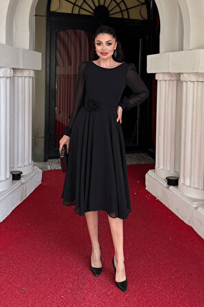 Sifon Kumaş Çiçek Detaylı Midi Elbise - SİYAH