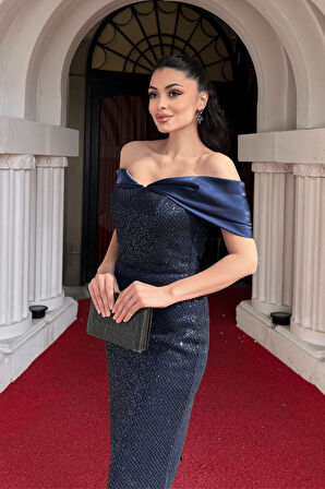 Dantel Payet Kumaş Düşük Omuzlu Kalem Elbise - LACİVERT