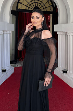 Tül Kumaş Volan Detaylı Tasarım Elbise - SİYAH