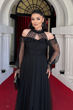 Tül Kumaş Volan Detaylı Tasarım Elbise - SİYAH