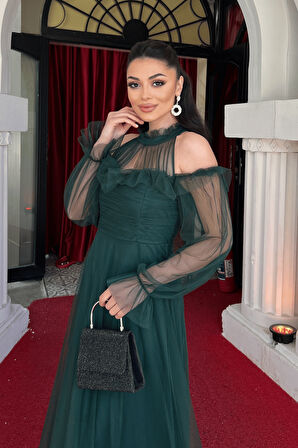 Tül Kumaş Volan Detaylı Tasarım Elbise - ZÜMRÜT YEŞİL