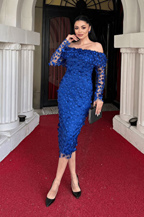 Üç Boyut Çiçekli Kumaş Kayık Yaka Kalem Elbise - SAKS MAVİ