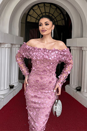 Üç Boyut Çiçekli Kumaş Kayık Yaka Kalem Elbise - PUDRA