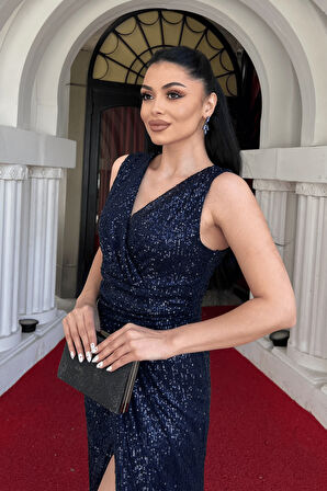 Pul Payet Kumaş Balık Abiye Elbise - LACİVERT