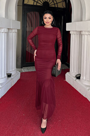 Tül Kumaş Büzgü Detaylı Kalem Elbise - BORDO