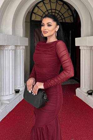 Tül Kumaş Büzgü Detaylı Kalem Elbise - BORDO