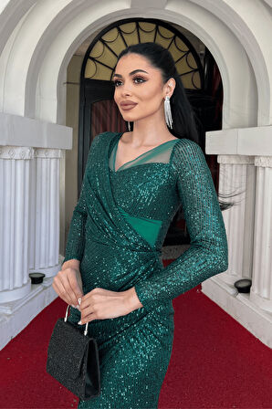 Pul Payet Kumaş Tasarım Büzgü Detaylı Elbise - ZÜMRÜT YEŞİL