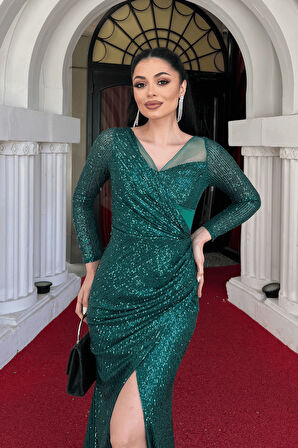 Pul Payet Kumaş Tasarım Büzgü Detaylı Elbise - ZÜMRÜT YEŞİL