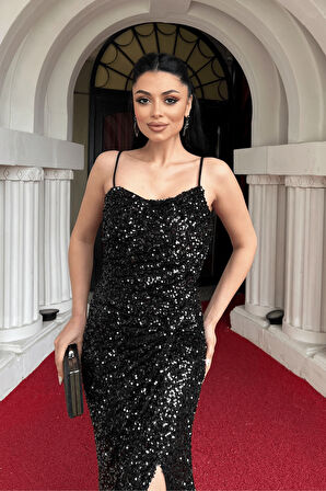 Payet Kumaş Sırt İpli Balık Abiye - SİYAH