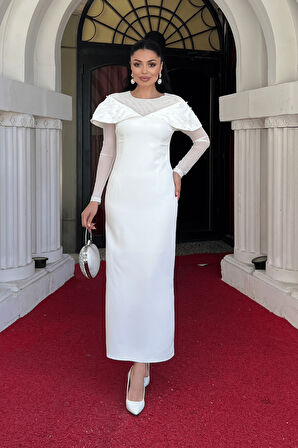 İnci Detaylı Kalem Elbise - BEYAZ