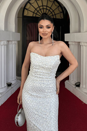 Full Boncuklu Kumaş Straplez Abiye Elbise - BEYAZ