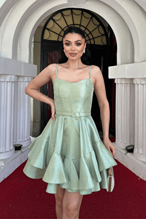 Tafta Saten Kumaş Mini Elbise - MİNT YEŞİLİ