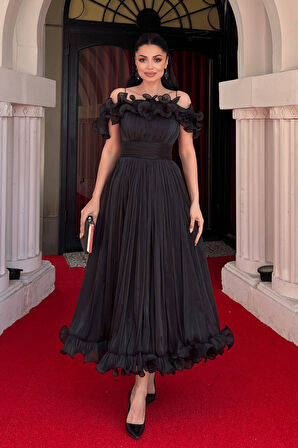 Şifon Kumaş Volan Detaylı Midi Elbise - SİYAH