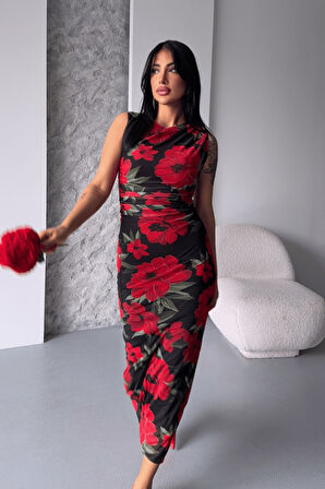 Dijital Baskı Tül Elbise - SİYAH KIRMIZI