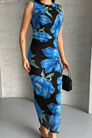 Dijital Baskı Tül Elbise - MAVİ