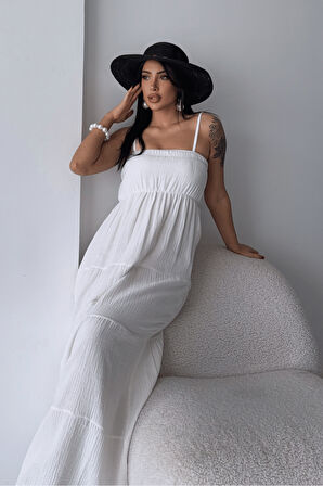 Müslin Kumaş Uzun Elbise - BEYAZ