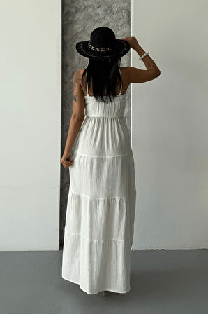 Müslin Kumaş Uzun Elbise - BEYAZ