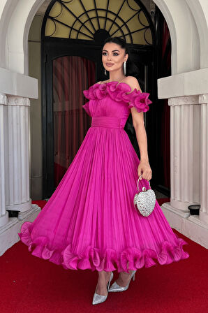 Şifon Kumaş Volan Detaylı Midi Elbise - FUŞYA