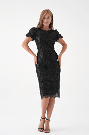 Full Boncuklu Kalem Elbise - SİYAH