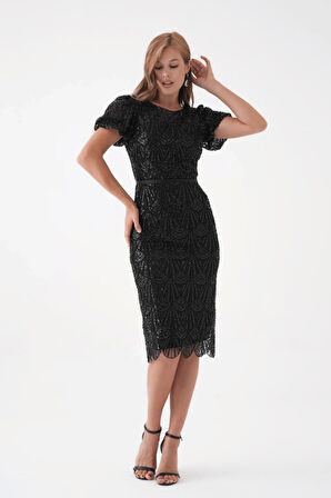 Full Boncuklu Kalem Elbise - SİYAH